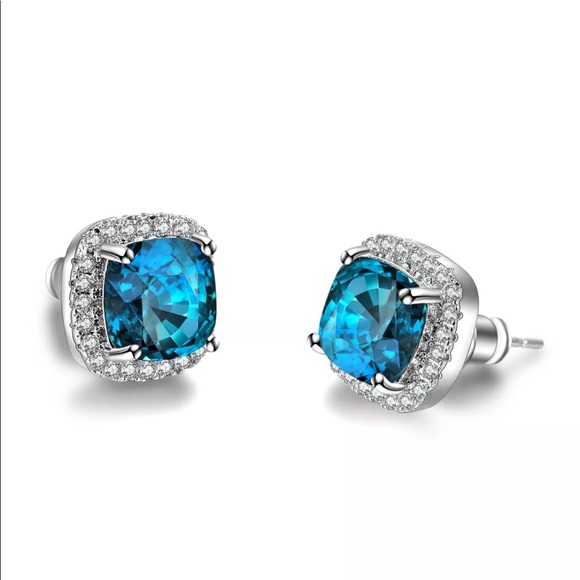 Sterling Silver & Lab Created Aquamarine Studs - Picture 2 of 3